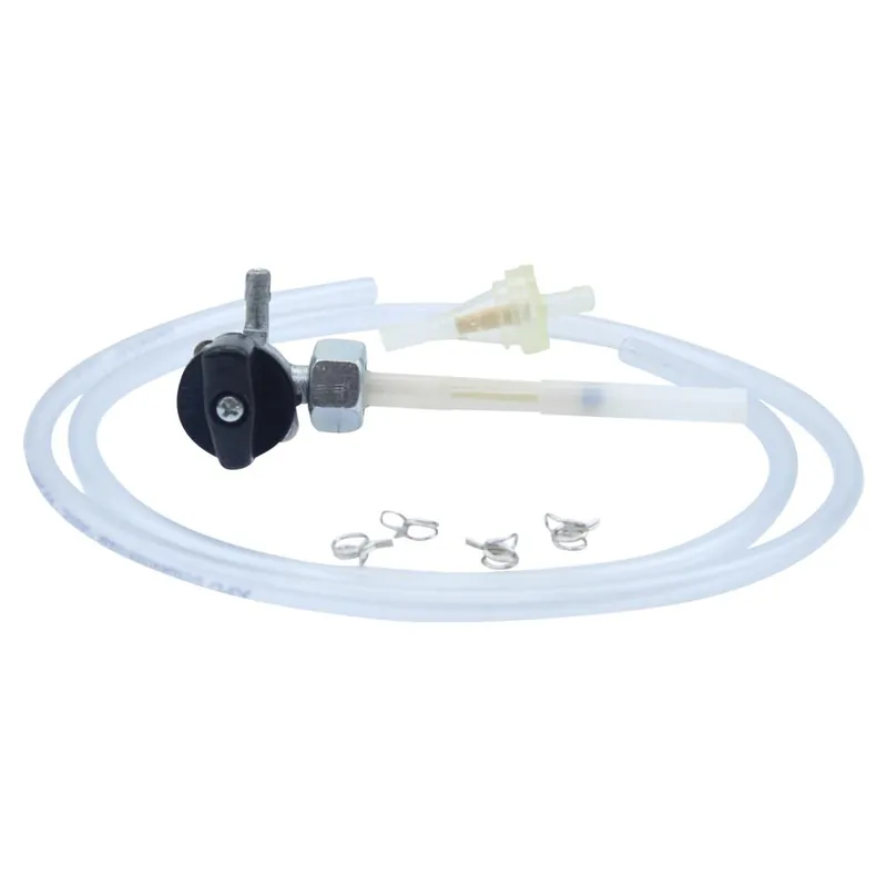 Super-Preis Benzinhahn Set, M14 x 1, Abgang links, ohne Wassersack, Kunststoff-Drehschalter + Filter, Schlauch und Klammern